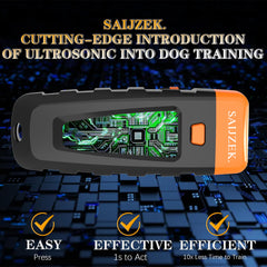 SAIJZEK Ultrasonic Dog Trainer in hand demonstrates easy handheld correction for prompts.
