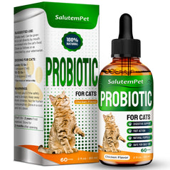 SalutemPet cat probiotics bottle closeup highlighting digestive support benefits.