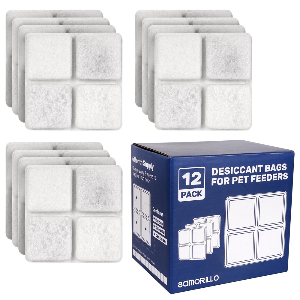 Samorillo desiccant bag 12-pack box keeps pet food dry and fresh.