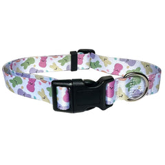 Sarybei Easter collar shows peeps pattern for festive pet styling.