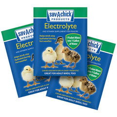 Sav-A-Caf Sav-A-Chick electrolyte strip packaging with pre-measured packets for poultry hydration during heat