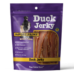 Savory Prime Duck Jerky packaging highlights freshness for daily dog rewards