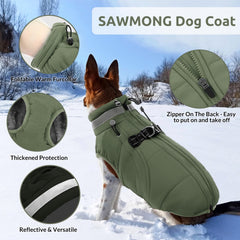 SAWMONG dog coat back view in green with adjustable straps