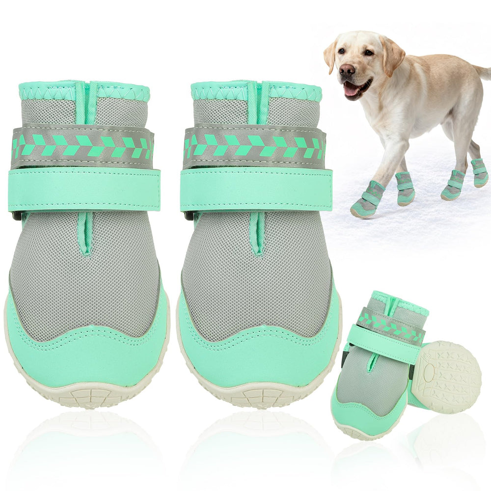SCENEREAL anti-slip dog shoes on snowy ground provide secure footing for winter adventures.