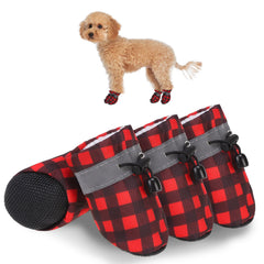 SCENEREAL Christmas fleece dog shoes with red plaid design provide warm paw protection.