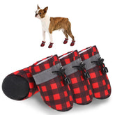 SCENEREAL fleece dog shoes closeup with red plaid for cozy paw protection