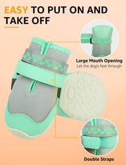SCENEREAL dog shoes feature reflective bands to boost visibility on night walks.