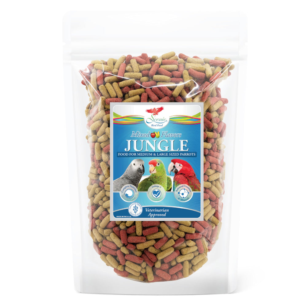 Scenic Mix Jungle parrot food apple flavor close-up boosts flavor appeal for large birds.