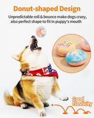 SCHITEC Squeaky Dog Toys bounce-play image emphasizes irregular roll for curious dogs.
