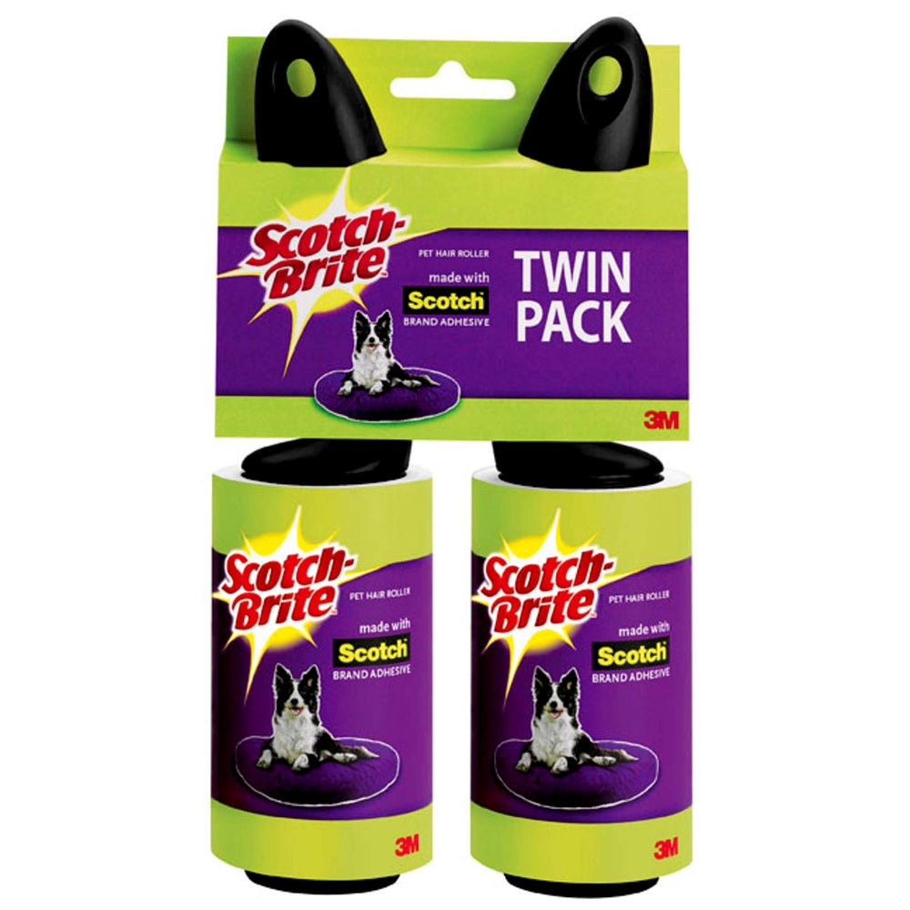Scotch-Brite pet hair lint roller two-pack close-up showing sticky sheets for quick cleanups.