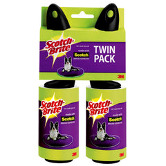 Scotch-Brite pet hair lint roller two-pack close-up showing sticky sheets for quick cleanups.