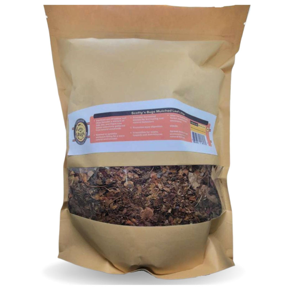 SCOTTY'S BUGS mulched leaf litter with Elm Maple and Oak leaves for natural reptile habitats.
