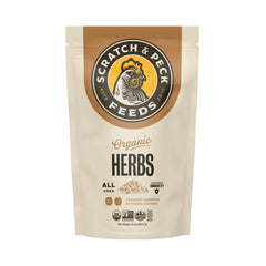 Scratch-and-Peck dried herbs bag front label showcases organic, non-GMO certification.