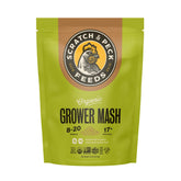 Scratch and Peck Grower Mash bag shows corn-free starter feed for healthy poultry growth