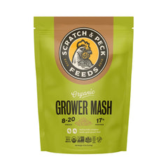 Scratch and Peck Grower Mash bag shows corn-free starter feed for healthy poultry growth