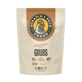 Scratch and Peck Grubs bag open showcasing a high-protein chicken treat.
