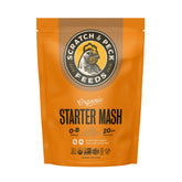Scratch and Peck Starter Mash bag label highlights organic, corn- and soy-free nutrition.