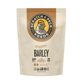 Scratch and Peck Whole Barley bag showing 8.5% protein for poultry nutrition.