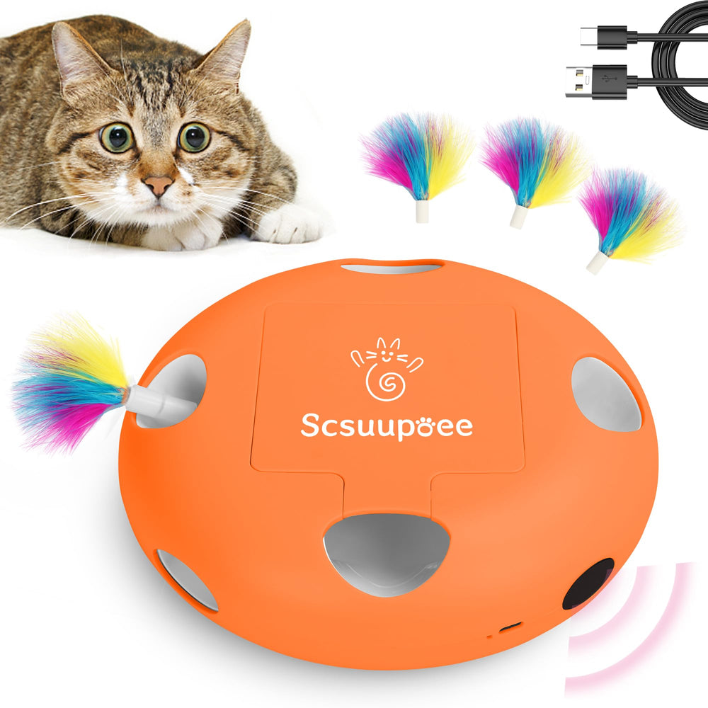 Scsuupoee interactive cat toy with moving feathers, promoting active indoor play.