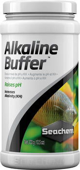 Seachem Alkaline Buffer bottle stabilizing pH and alkalinity for planted tanks.