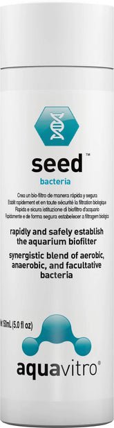 Seachem Aquavitro Seed bottle label shows branding and product details for safer aquarium setup