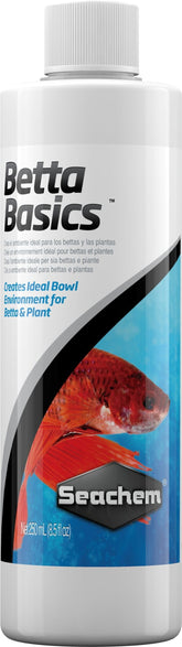 Seachem Betta Basics bottle front for easy dosing in freshwater tanks.
