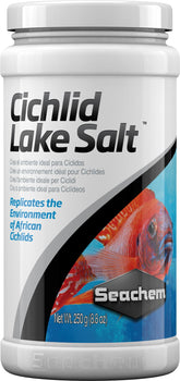 Seachem Cichlid Lake Salt label highlights essential minerals for stable cichlid health.