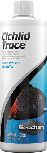Seachem Cichlid Trace bottle closeup for balanced minerals in fish tanks.