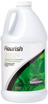 Seachem Flourish bottle pouring into an aquarium to support healthy plant growth.