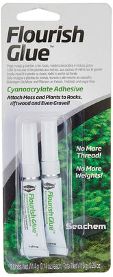 Seachem Flourish Glue bottle closeup highlights fast plant attachment for aquariums.