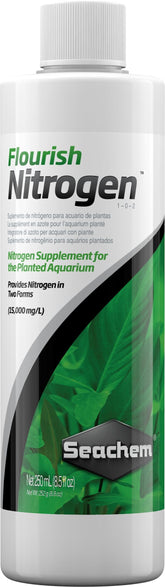 Seachem Flourish Nitrogen 250ml bottle supports lush aquatic plant growth in planted aquariums.