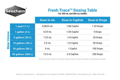 Seachem Fresh Trace 500ml label shows ingredients and dosing guidance for easy use.