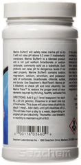 Seachem Marine Buffer label closeup; accurate formula helps maintain pH balance.