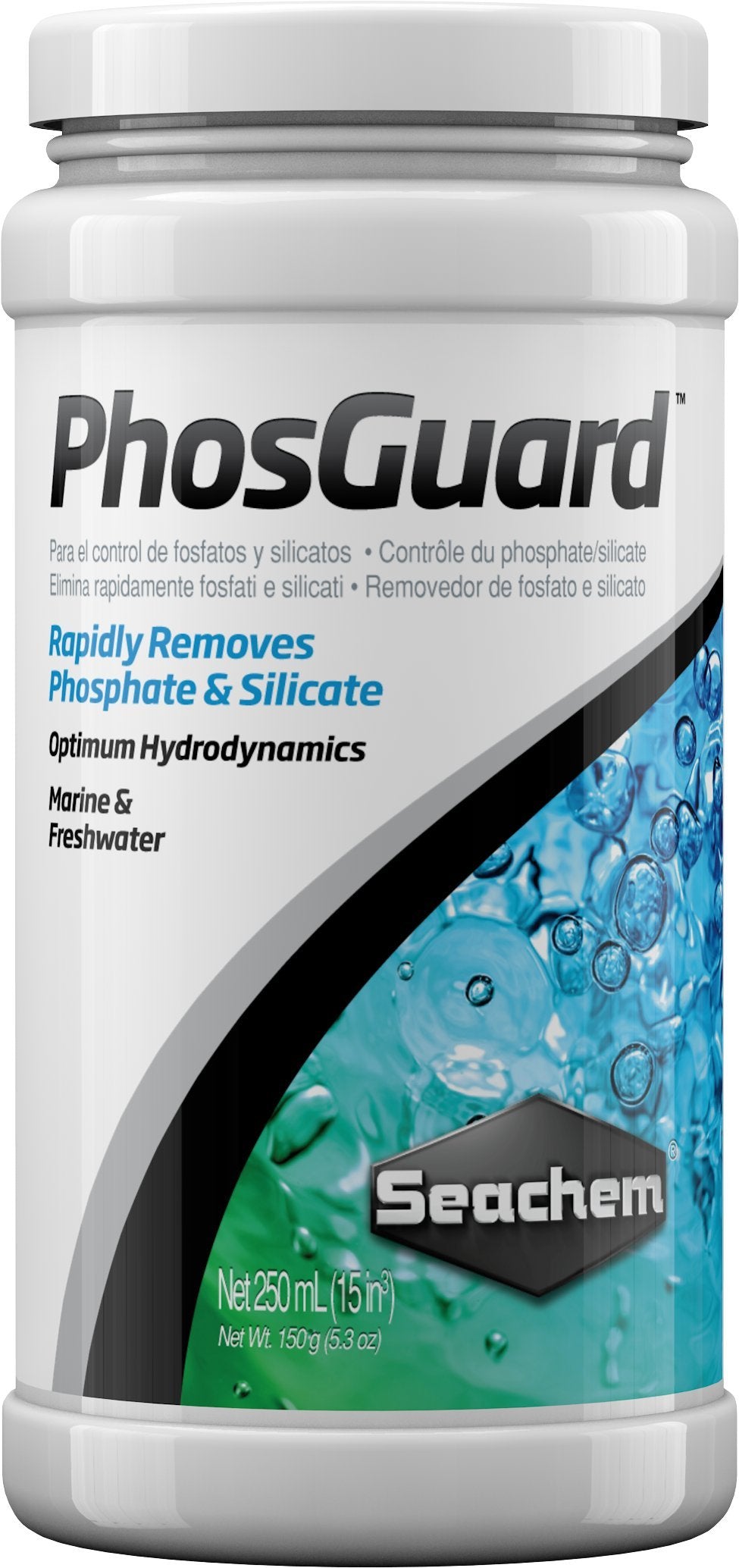Seachem PhosGuard bottle closeup with porous beads for filtration.