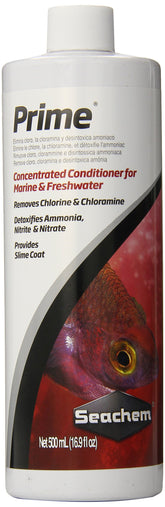 Seachem Prime bottle front view highlighting detoxification of ammonia for safer fish during changes