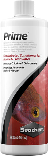 Seachem Prime bottle overview showing chlorine removal for aquariums.