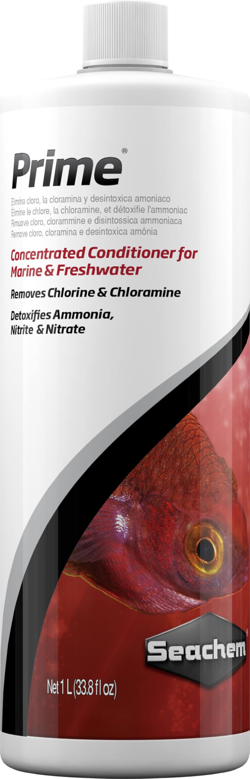 Seachem Prime bottle pour demonstrates easy dosing for chlorine and chloramine removal in fresh or saltwater.