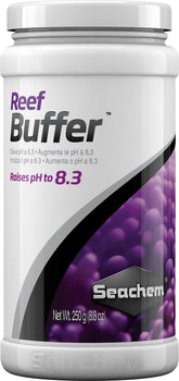 Seachem Reef Buffer 250g bottle raising reef pH toward 8.3 for stability.