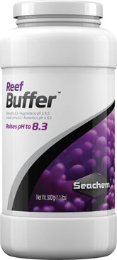 Seachem Reef Buffer bottle shows powder formula that helps stabilize reef tank pH.
