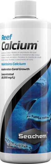 Seachem Reef Calcium 500ml bottle—liquid calcium supplement for reef tanks.