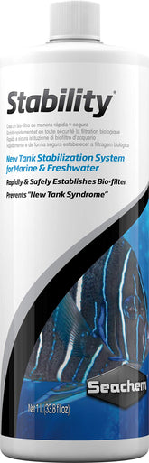 Seachem Stability 1L bottle label showing rapid biofilter support for tanks