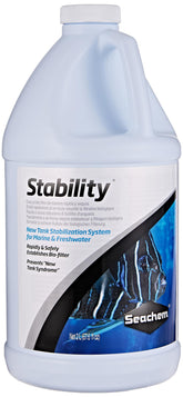 Seachem Stability bottle front showing fast biofilter establishment for freshwater and saltwater tanks.