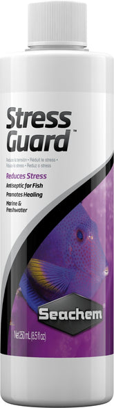 Seachem StressGuard bottle front showing slime coat protection for stressed fish during handling