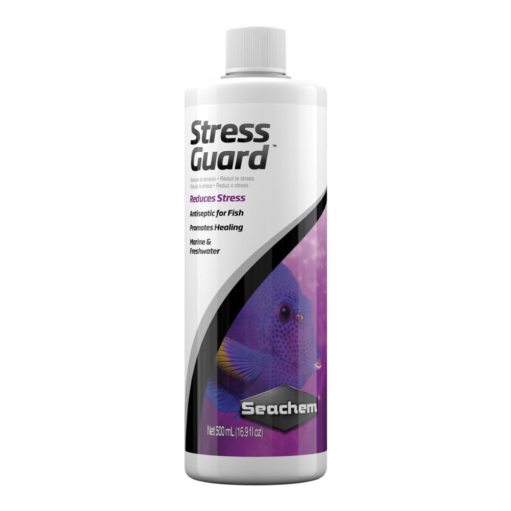 Seachem StressGuard bottle displays label and cap, highlighting slime coat protection during handling.