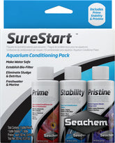 Conjunto Seachem SureStart con Prime, Stability y Pristine para acondicionar acuarios