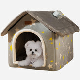 SEAHOME foldable dog house grey front view showing cozy indoor hideaway