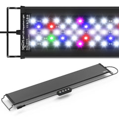 SEAOURA LED aquarium light with extendable bracket over tank for flexible mounting.