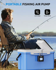 SEAOURA aquarium air pump charging setup showing USB recharge and easy power on the go.