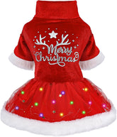 Sebaoyu LED Christmas dog dress front view with festive glow for holiday photos.