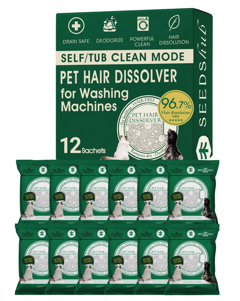 Seedshub Pet Hair Dissolver powder pours into washing machine drum for hair removal